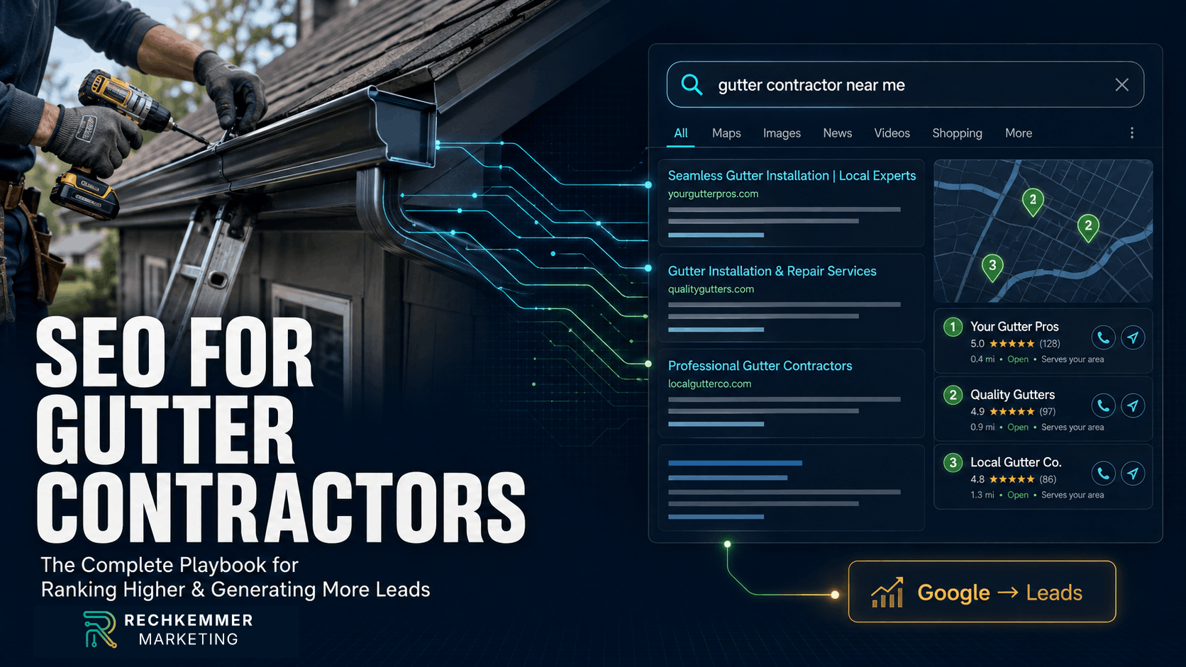 SEO for gutter contractors showing a gutter installation connected to Google search and local Maps results