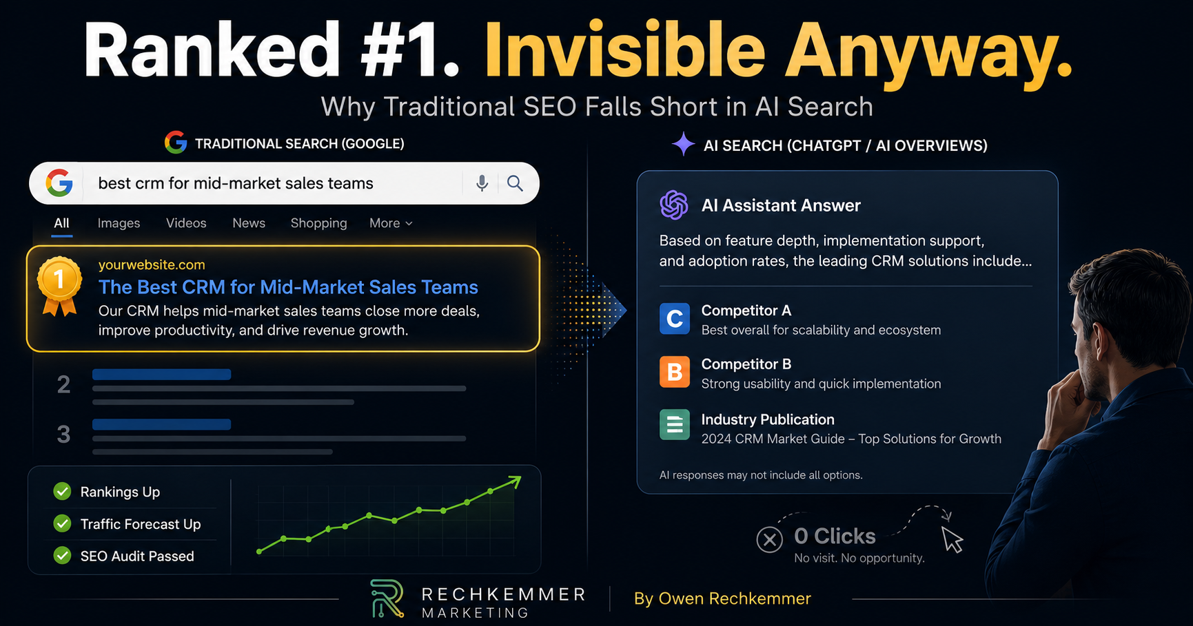 Featured illustration showing a website ranking #1 in Google search results while being absent from an AI-generated answer, demonstrating why traditional SEO falls short in AI search.